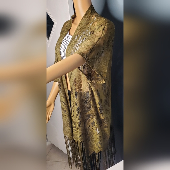 EMERETTE OPEN MESH Cover Up DARK GREEN Shawl SZ M Kimono FRINGE GREAT CONDITION - Picture 4 of 14